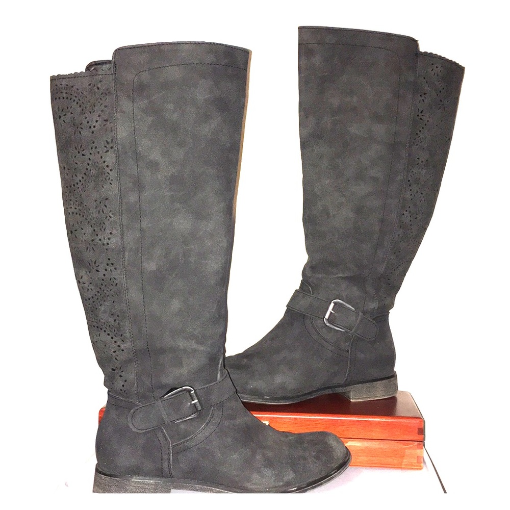 Charcoal grey lace detail riding boots.